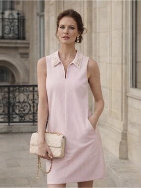 KARL LAGERFELD Paris Powder Pink Pearl Embellished Collar Dress